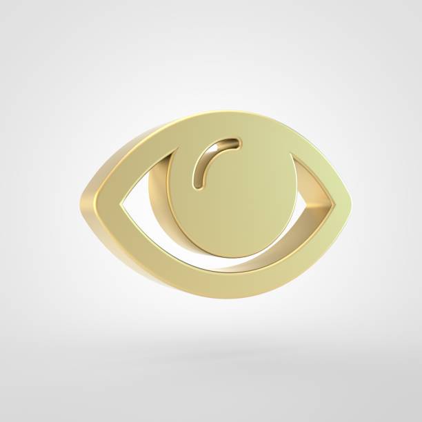 Eye icon. 3d render of golden eye symbol isolated on white background.