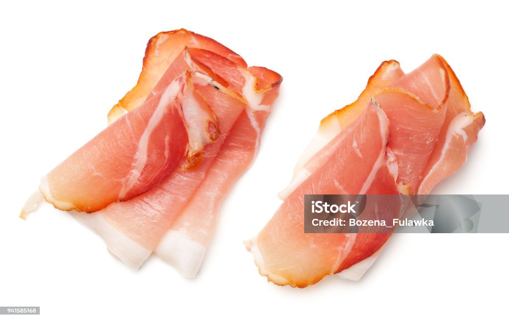 Raw Smoked Black Forest Ham Isolated on White Background Raw smoked black forest ham isolated on white background. Top view Ham Stock Photo