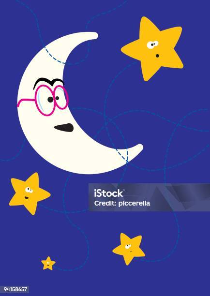 Ilustración de Sonriendo Moon Jugando Con Las Estrellas y más Vectores Libres de Derechos de Accesorio para ojos - Accesorio para ojos, Boca humana, Campo de estrellas
