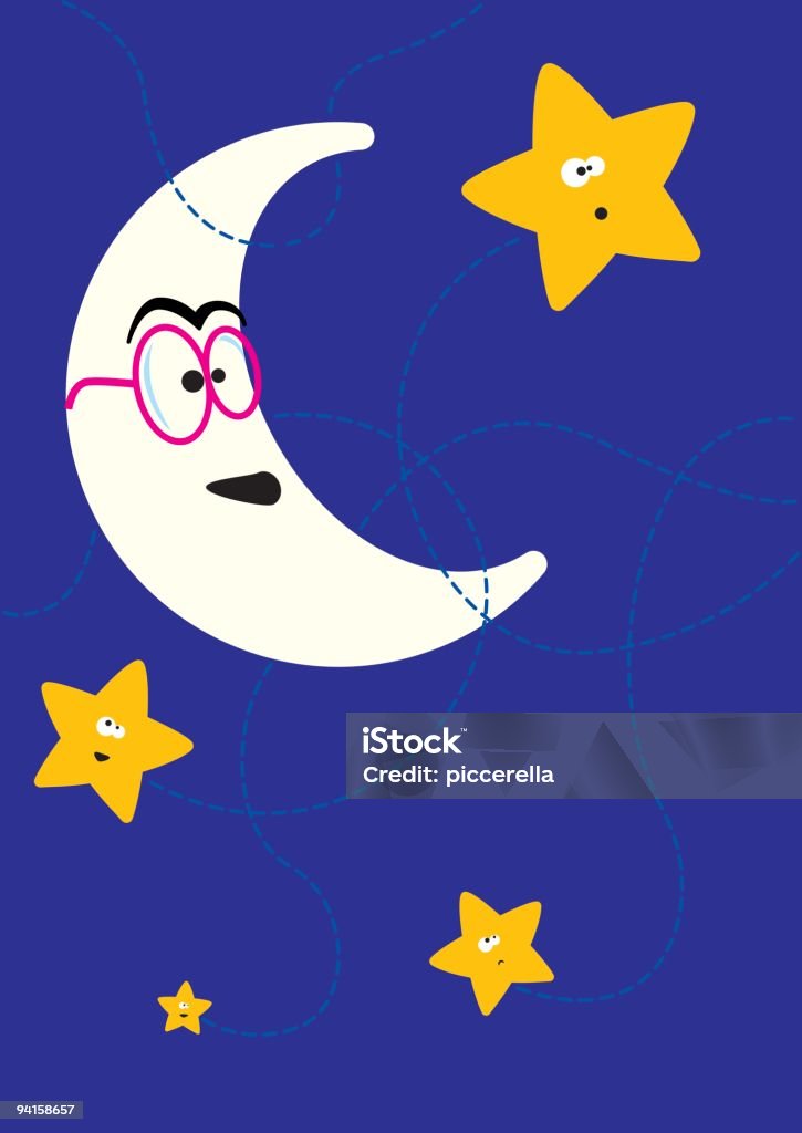 Luna sorridente gioca con le stelle - arte vettoriale royalty-free di A forma di stella