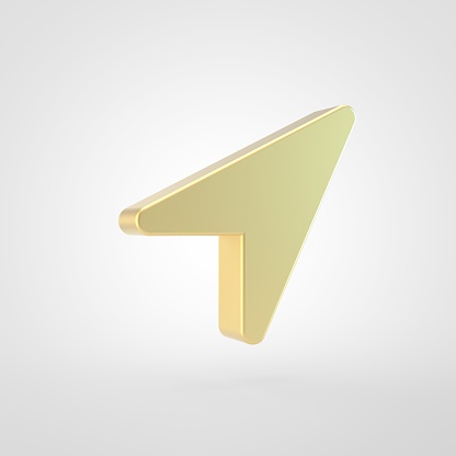 Location arrow icon. 3d render of golden location arrow symbol isolated on white background.