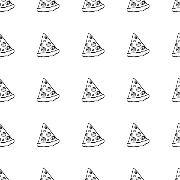Hand Drawn Vector Pizza Seamless Pattern Cute cartoon hand drawn pattern with pizza slices. Sweet vector black and white hand drawn pattern. Seamless monochrome doodle hand drawn pattern for fabric, wallpapers, wrapping paper, cards and web. pizza designs stock illustrations