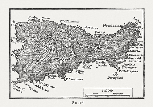 Map of Capri, Italian island. Wood engraving, published in 1897.