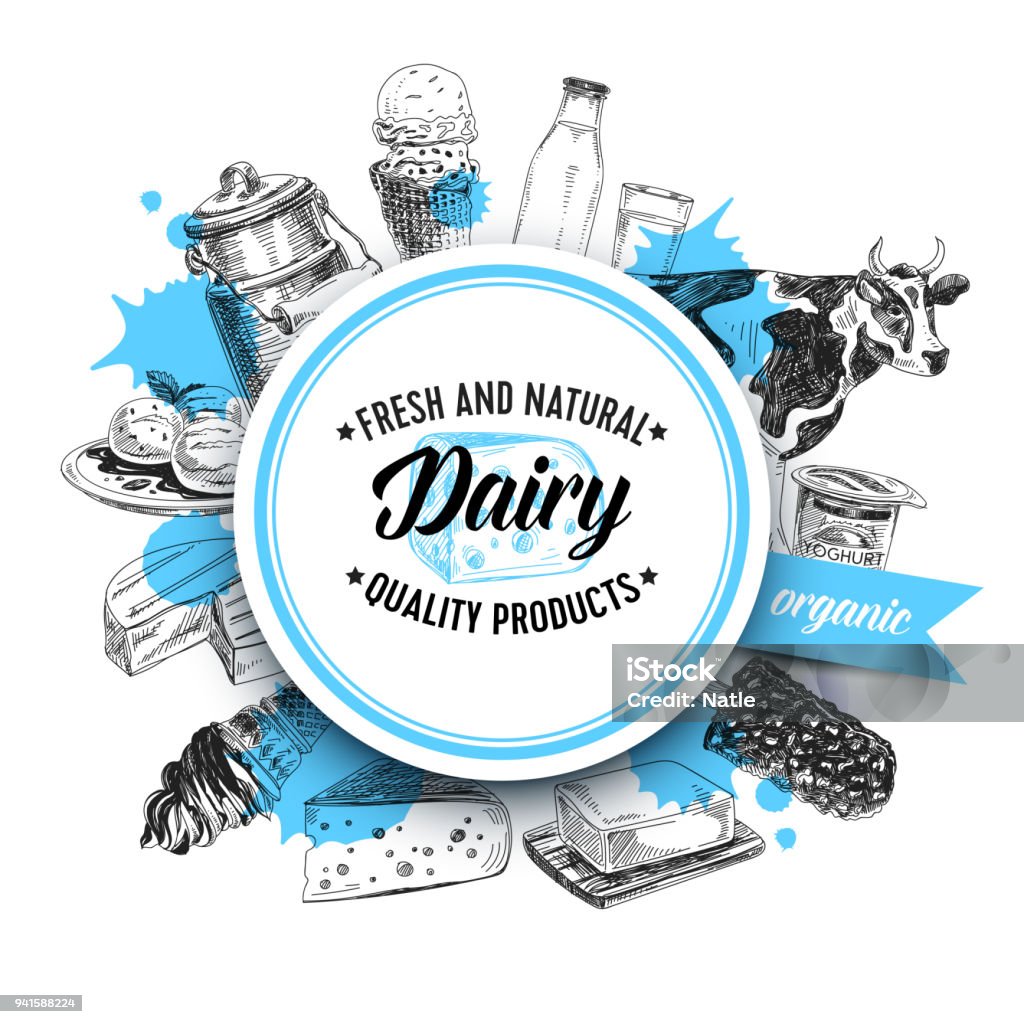 Beautiful vector hand drawn dairy products Illustration. Beautiful vector hand drawn dairy products Illustration. Detailed retro style background. Vintage sketches for labels. Elements collection for design. Milk stock vector