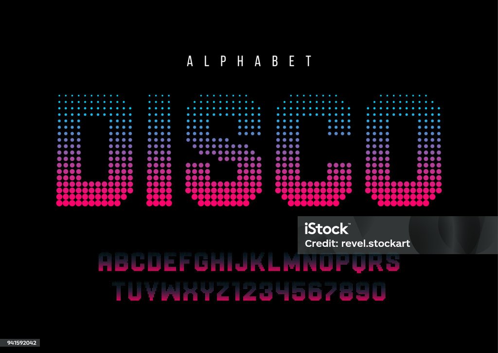 Disco dotted halftoned display font design, alphabet, typeface, Disco dotted halftoned display font design, alphabet, typeface, letters and numbers, typography. Swatch color control. Typescript stock vector