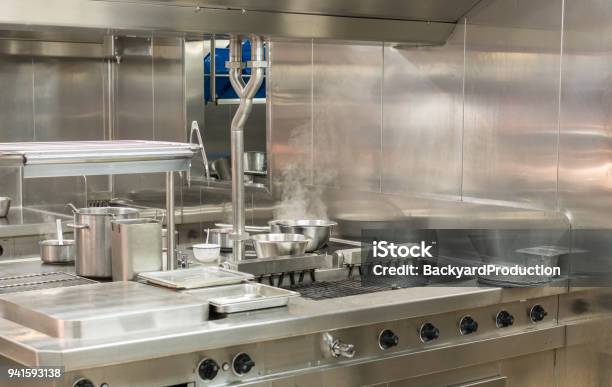 Modern Stainless Steel Hobs In Commercial Kitchen Stock Photo - Download Image Now - Commercial Kitchen, Barbecue Grill, Business