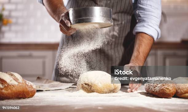 Hands Of Bakers Male Knead Dough Stock Photo - Download Image Now - Bakery, Bread, Baker - Occupation