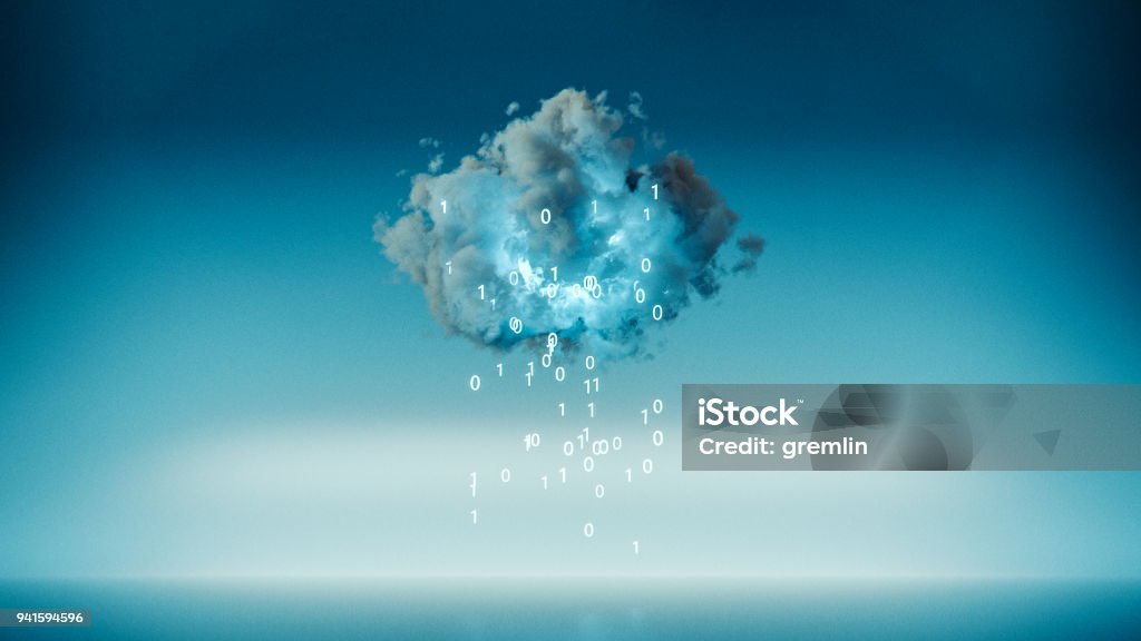 Cloud computing con codice macchina piovosa - Foto stock royalty-free di Cloud computing