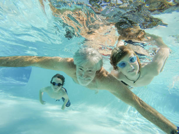 istock Family swimming underwater in pool 941595274