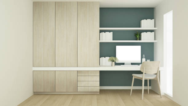 istock Workplace on green wall design and wardrobe in condominium - Study room simple design artwork for apartment or home - 3D Rendering 941596910