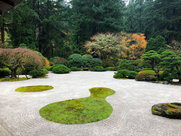 Japanese Garden Portland Oregon Zen rock garden at the Japanese Tea Gardens in Portland Oregon. portland japanese garden stock pictures, royalty-free photos & images