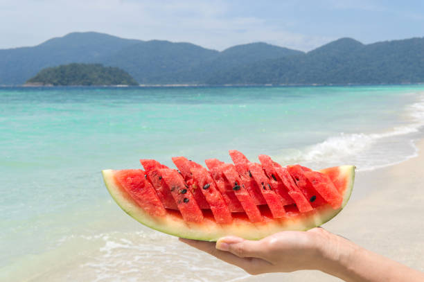istock Fresh watermelon sliced on hand with summer beach. Travel concept. 941608568