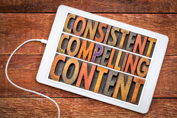 consistent, compelling content on tablet consistent, compelling content -  recommendation for bloging and social media marketing - a word abstract in vintage letterpress wood type on a digital tablet against rustic wood printing block photos stock pictures, royalty-free photos & images