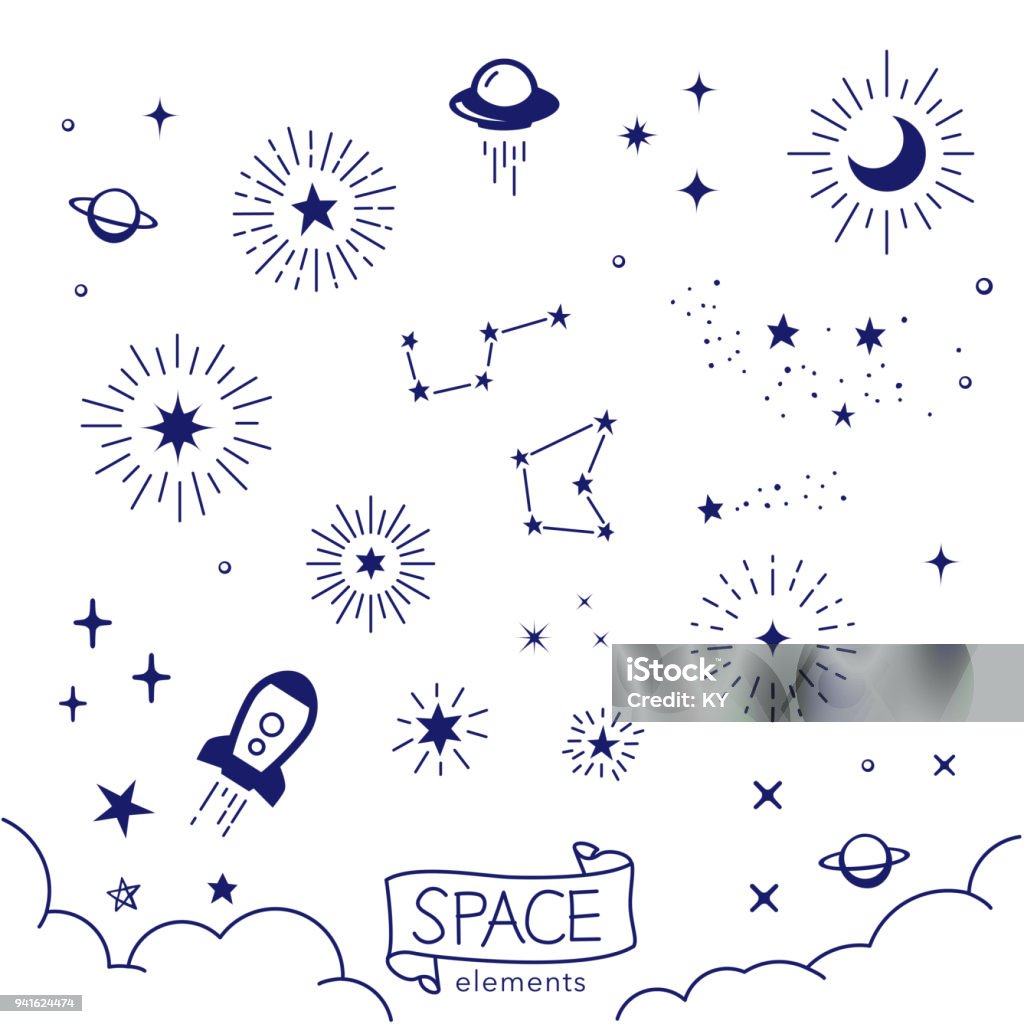 Ilustração em vetor de mão desenhada elementos de espaço - Vetor de Estrela - Espaço royalty-free