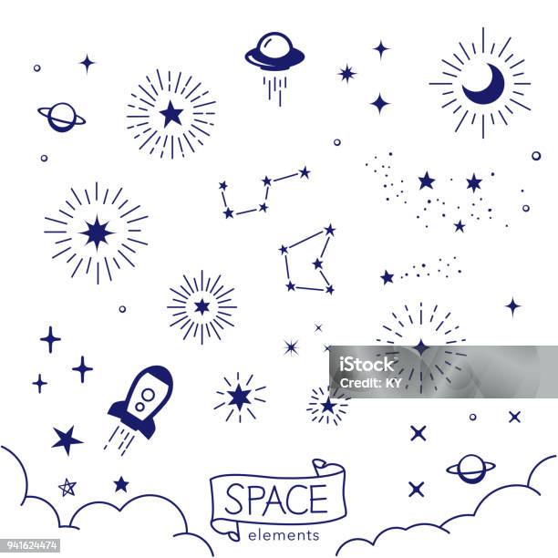 Vetores de Ilustração Em Vetor De Mão Desenhada Elementos De Espaço e mais imagens de Estrela - Espaço
