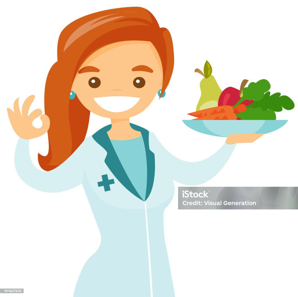 Caucasian white dietician offering healthy food Caucasian white dietician holding plate with healthy food. Nutritionist prescribing diet and healthy eating. Nutritionist offering fresh food. Vector cartoon illustration isolated on white background. Nutritionist stock vector