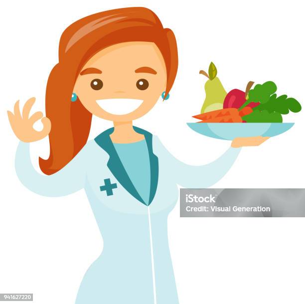 Caucasian White Dietician Offering Healthy Food Stock Illustration - Download Image Now - Nutritionist, Cartoon, Hospital