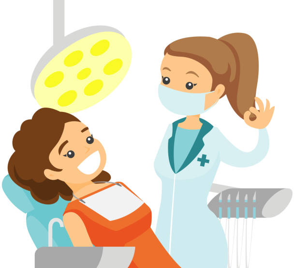 ilustraciones, imágenes clip art, dibujos animados e iconos de stock de dentista de pie junto a la silla con el paciente - dentist dentist office dentists chair cartoon