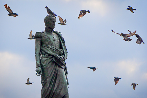 Birds fly around the statue of Simon Bolivar sculpted in 1846 by Italian sculptor Pietro Tenerani. The statue stands in Plaza Bolivar, or Bolivar Square, Bogotá's main public square in the capital's historic district.