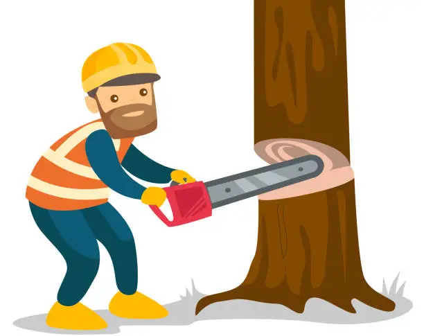 Vector illustration of Caucasian white woodcutter working with a chainsaw