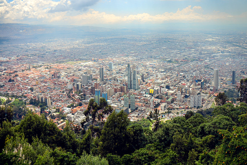 An aerial wide shot of the Colombian capital taken from Mount Monserrate.
