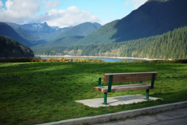 istock Empty park bench in front of lake and mountains 941632496