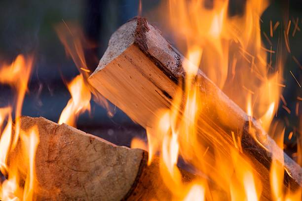 Close up shot of a burning piece of wood Burning firewood at campfire firewood photos stock pictures, royalty-free photos & images