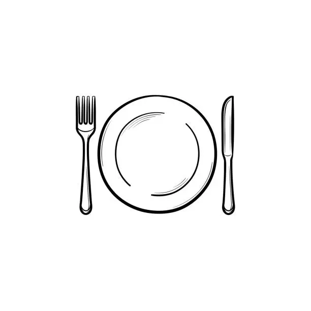 Vector illustration of Plate with fork and knife hand drawn sketch icon