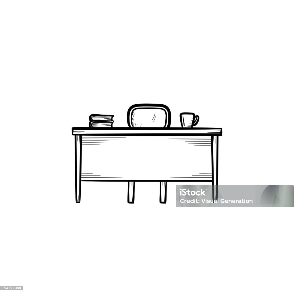 Work desk hand drawn sketch icon Work desk hand drawn outline doodle icon. Office desk with chair vector sketch illustration for print, web, mobile and infographics isolated on white background. Desk stock vector