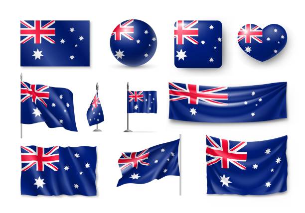 Set Australia realistic flags, banners, banners, symbols, icon Set Australia realistic flags, banners, banners, symbols, icon. Vector illustration of collection of national symbols on various objects and state signs free school borders clip art stock illustrations