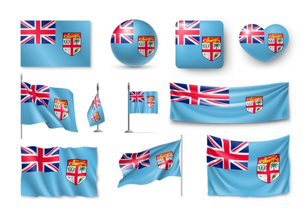 Set Fiji realistic flags, banners, banners, symbols, icon Set Fiji realistic flags, banners, banners, symbols, icon. Vector illustration of collection of national symbols on various objects and state signs free school borders clip art stock illustrations