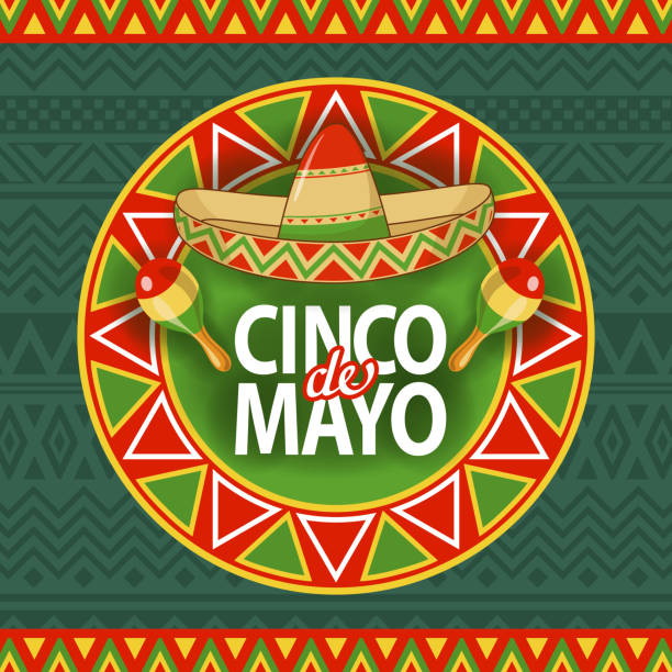 Cinco De Mayo Hat Celebration Celebrate Cinco De Mayo with tapestry, sombrero, and maracas on the folk art pattern for the fiesta mexico stock illustrations