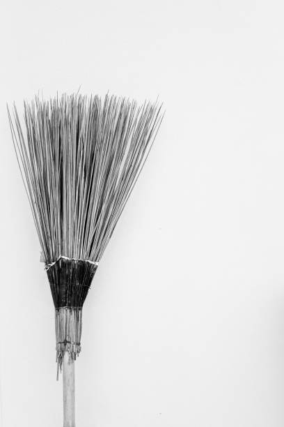 Closeup of nature made bristles of a used broomstick processed in black and white for background.