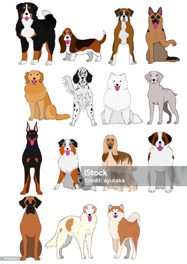 Groupe des chiens de grande et moyenne races dessinées à la main - clipart vectoriel de Chien libre de droits