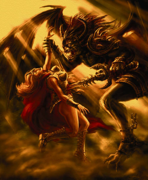 Monster knight with a sword defeats the Amazon A horned monster knight with a sword defeats the Amazon. Genre of fantasy. remarkable hell stock illustrations