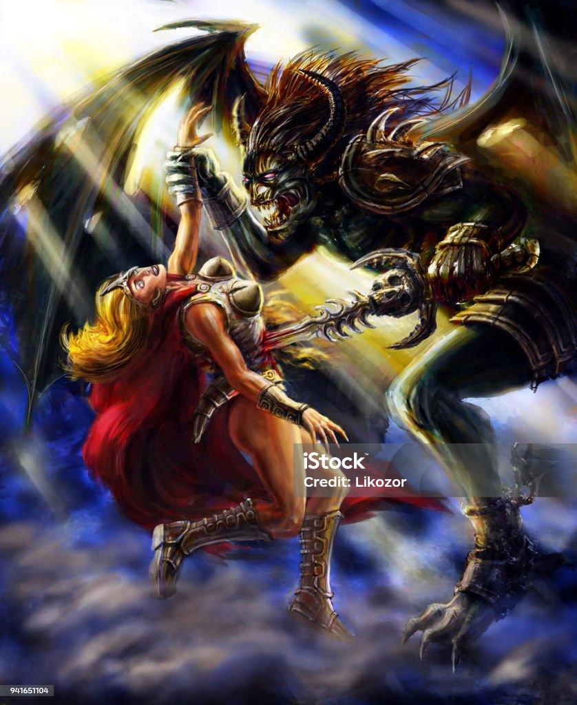 Winged demon pierces a warrior girl with a sword Winged demon pierces a warrior girl with a sword. Colorful picture in the genre of fantasy. One Woman Only stock illustration