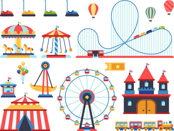 Amusement park attractions. Train, ferris wheel, carousel and roller coaster flat vector icons Amusement park attractions. Train, ferris wheel, carousel and roller coaster flat vector icons. Amusement and carousel, park with circus and festival entertainment illustration traveling carnival illustrations stock illustrations