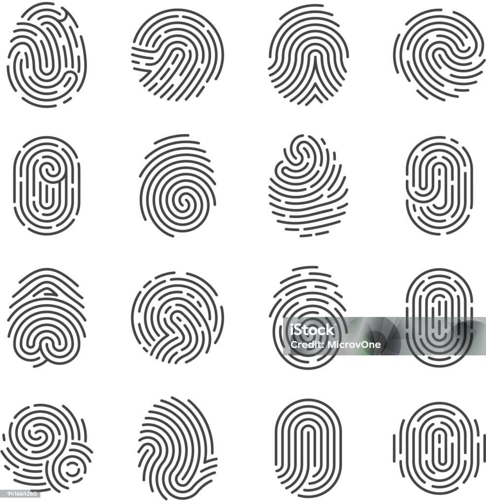 Fingerprint detailed icons. Police scanner thumb vector symbols. Identity person security id pictograms Fingerprint detailed icons. Police scanner thumb vector symbols. Identity person security id pictograms. Finger identity, technology biometric illustration Fingerprint stock vector