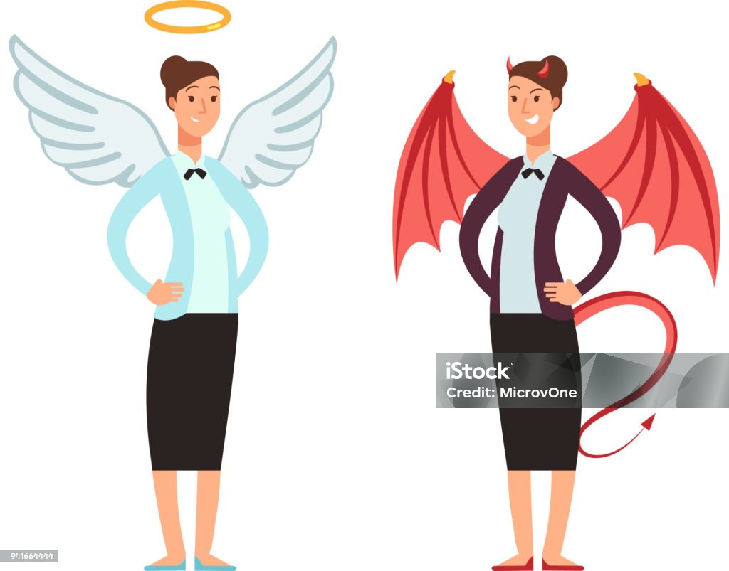Businesswoman in angel and devil suit. Good and bad woman vector cartoon character Businesswoman in angel and devil suit. Good and bad woman vector cartoon character. illustration of angel and devil, businesswoman evil demon and angel Halo - Symbol stock vector