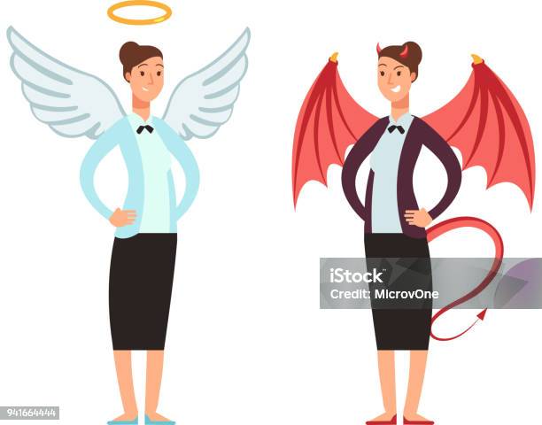 Businesswoman In Angel And Devil Suit Good And Bad Woman Vector Cartoon Character Stock Illustration - Download Image Now