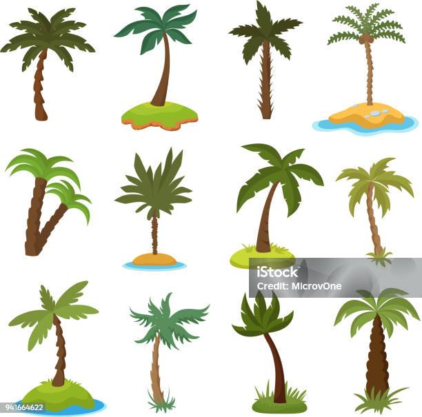 Dessin Animé Palmiers Sur Set Vector Îles Exotiques Tropicales Vecteurs libres de droits et plus d'images vectorielles de Palmier