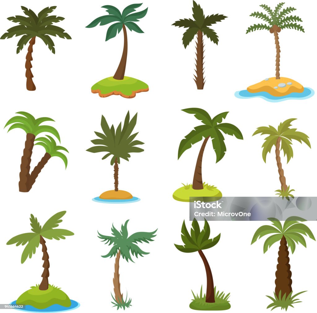 Cartoon palm trees on tropical exotic islands vector set Cartoon palm trees on tropical exotic islands vector set. Illustration of island with green palm collection Palm Tree stock vector