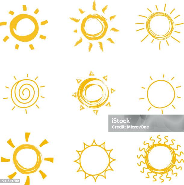 Vetores de Mãoextraídas Coleção De Sol Brilhante Vetor De Calor De Verão Doodle Símbolos Do Sol e mais imagens de Sol