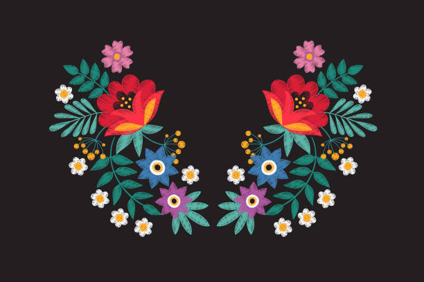 kołnierz haft kwiatowy wzór z kwiatami. szycie szczegółowo plemienny naszyjnik z kwiatami izolowane wektor - necklace jewelry backgrounds craft stock illustrations