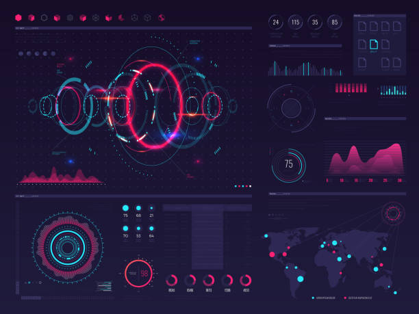 Futuristic hud digital touch screen display with visual data graphic, panels and chart vector infographic template Futuristic hud digital touch screen display with visual data graphic, panels and chart vector infographic template. Illustration of chart data and digital display, interface future visual panel hud graphical user interface stock illustrations