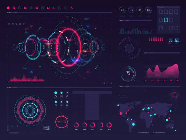 Vector illustration of Futuristic hud digital touch screen display with visual data graphic, panels and chart vector infographic template