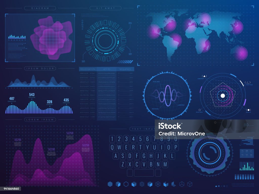 Interfaccia hud futuristica. Interfaccia utente del vettore tecnologico futuro della scienza con elementi infografici - arte vettoriale royalty-free di Radar