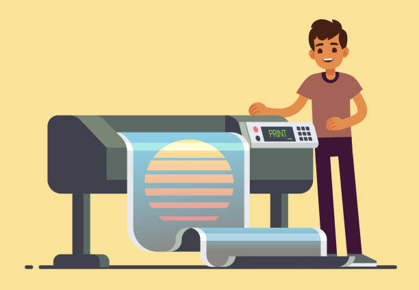 Man Worker At Plotter Printing Wide Format Large Banner Vector Illustration Stock Illustration - Download Image Now - iStock Man Worker At Plotter Printing Wide Format Large Banner Vector Illustration Stock Illustration - Download Image Now - iStock