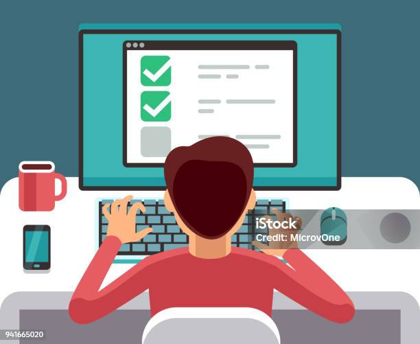 Man At Computer Filling Online Questionnaire Form Survey Vector Flat Concept Stock Illustration - Download Image Now