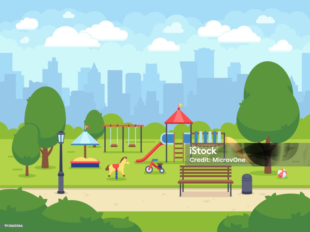 Ilustración de Jardín Público Urbano Verano Con Juegos Infantiles Parque De  La Ciudad De Dibujos Animados Vector Con Paisaje Urbano y más Vectores  Libres de Derechos de Parque infantil - iStock